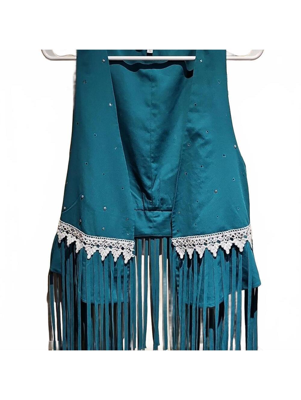 NAKED ZEBRA Emerald Fringed Vest With Rhinestones And Crochet Detail Size M